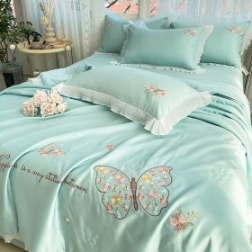 Korean Ice Silk Summer Quilt Four-piece Set Embroidery Lace Air Conditioning Cool Feeling Thin Duvet (Option: Butterfly Love Water Green-200x230cm Quilt)