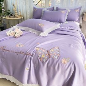 Korean Ice Silk Summer Quilt Four-piece Set Embroidery Lace Air Conditioning Cool Feeling Thin Duvet (Option: Butterfly Love Purple-200x230cm Quilt)