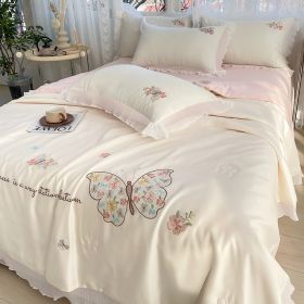 Korean Ice Silk Summer Quilt Four-piece Set Embroidery Lace Air Conditioning Cool Feeling Thin Duvet (Option: Butterfly Love Beige-1.5m 1.8m 2.0m Universal set)