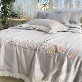 Korean Ice Silk Summer Quilt Four-piece Set Embroidery Lace Air Conditioning Cool Feeling Thin Duvet (Option: Butterfly Love Smoky Gray-1.5m 1.8m 2.0m Universal set)