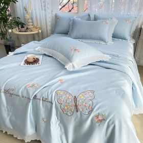 Korean Ice Silk Summer Quilt Four-piece Set Embroidery Lace Air Conditioning Cool Feeling Thin Duvet (Option: Butterfly Love Sky Blue-1.5m 1.8m 2.0m Universal set)