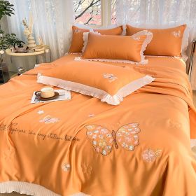 Korean Ice Silk Summer Quilt Four-piece Set Embroidery Lace Air Conditioning Cool Feeling Thin Duvet (Option: Butterfly Love Orange-1.5m 1.8m 2.0m Universal set)