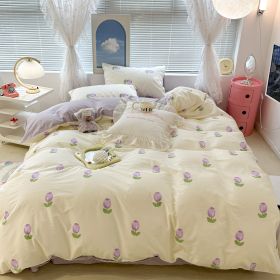 Cute Floral Rabbit Cotton Four-piece Set Pastoral Cotton Quilt Cover Bed Sheet Three-piece Set (Option: Purple Tulip-18m Fitted Sheet)