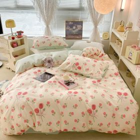 Cute Floral Rabbit Cotton Four-piece Set Pastoral Cotton Quilt Cover Bed Sheet Three-piece Set (Option: Pink Bouquet-15m Fitted Cover Type)