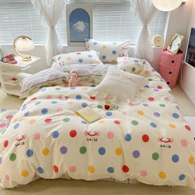 Cute Floral Rabbit Cotton Four-piece Set Pastoral Cotton Quilt Cover Bed Sheet Three-piece Set (Option: Smile Color Wave Point-18m Fitted Sheet)