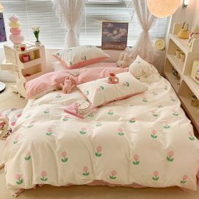 Cute Floral Rabbit Cotton Four-piece Set Pastoral Cotton Quilt Cover Bed Sheet Three-piece Set (Option: Pink Small Curcuma Aromatica-18m Bed Sheet)